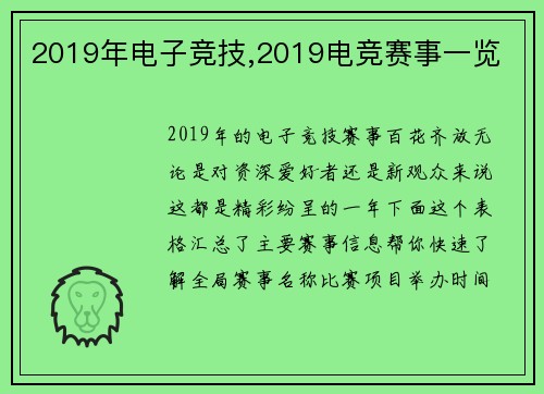 2019年电子竞技,2019电竞赛事一览
